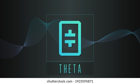 Theta cryptocurrency colorful gradient logo on dark background with thin line wave.