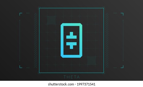 Theta cryptocurrency colorful gradient logo. Dark background with thin line decoration.