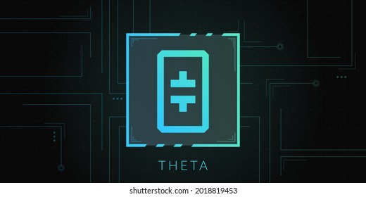 Theta cryptocurrency logo on dark background with circuits decoration.