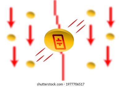 Theta Fall. Red arrow down with gaussian blur effect background. Theta market crash. Red chart down