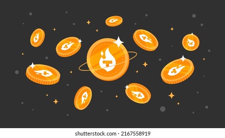 Theta Fuel (TFUEL) coins falling from the sky. TFUEL cryptocurrency concept banner background.