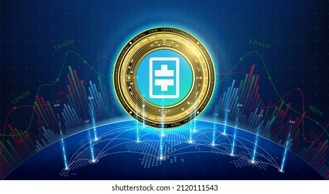 Theta gold coin. Token cryptocurrency currency on future internet. Digital online technology blockchain stock market and crypto currencies. Hologram with a globe and world map. Vector EPS10.