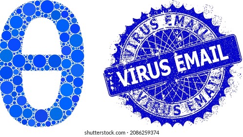 Theta Greek lowercase symbol vector collage of round dots in variable sizes and blue color tinges, and rubber Virus Email stamp. Blue round sharp rosette badge includes Virus Email text inside.
