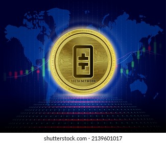 Theta Network (THETA) coin. 3D Vector illustration. Cryptocurrency blockchain (crypto currency) Future digital replacement technology. Silver golden virtual currency growth share chart is background.