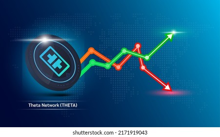Theta Network coin blue. Cryptocurrency token symbol with stock market investment trading graph green and red. Economic trends business concept. 3D Vector illustration.