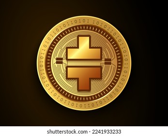 Theta Network (THETA) firma el símbolo de la moneda y el logotipo en la moneda de oro. Símbolo de concepto de dinero virtual basado en tecnología blockchain. 