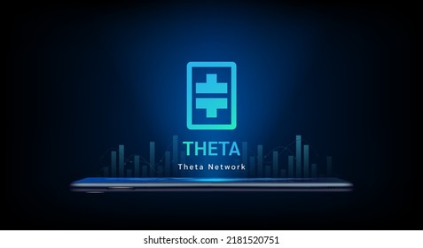 Theta Network crypto currency token symbol come out from smartphone. Coin icon on dark background. Trading cryptocurrency in stock market on application. For website or banner. Vector illustrator.
