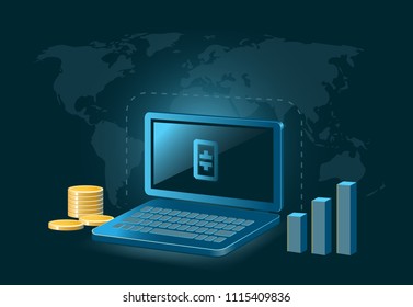 Theta Token Cryptocurrency Coin Global Laptop Trade Background 