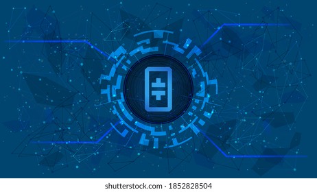 Theta token symbol in a digital circle on polygonal blue background. Cryptocurrency coin icon. Digital gold for website or banner. Copy space. Vector.