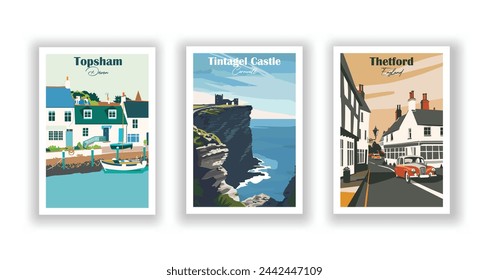 Thetford, England. Tintagel Castle, Cornwall. Topsham, Devon - Set of 3 Vintage Travel Posters. Vector illustration. High Quality Prints svg
