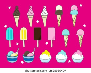 They are cute ice creams, ice candies and shaved ice set illustration.