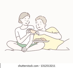 They are eating bread together.hand drawn style vector design illustrations.