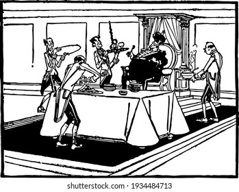 They Enlarged The King, this scene shows the king sitting on his chair, four servants offering him food and drink which is kept on table in front of him, vintage line drawing or engraving illustration