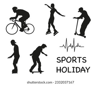 They go in for sports. Sports, healthy recreation, vector illustration. Active sports and sports exercises. Dark silhouettes. EPS 10.