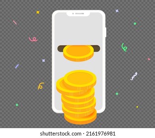 They Are Holding A Gold Coin Benefit Event On Their Mobile Phones Illustration Set. Confetti, Money Box, Cash Back, Point, Payback. Vector Drawing. Hand Drawn Style.