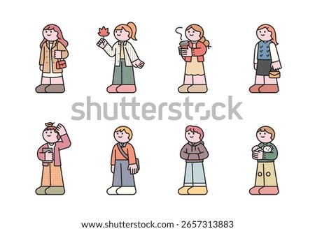 They are holding items like an autumn leaf, a coffee cup, or a book, making this set ideal for themes related to fall, daily life, education, or cozy moments.