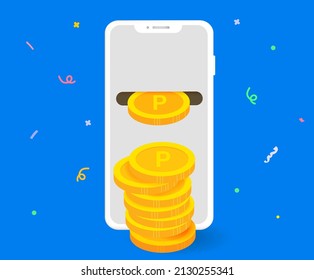 They are holding a point coin benefit event on their mobile phones illustration set. Pollen, piggy bank, gift, point, payback. Vector drawing. Hand drawn style.