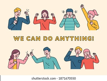 They are making gestures that people can do it. People are raising their fists in a positive pose. flat design style minimal vector illustration.