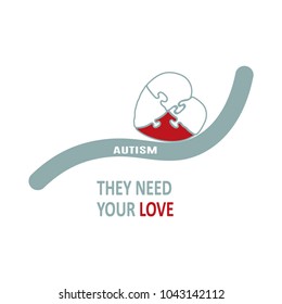 They need your love. Autism awareness poster or brochure template. Jigsaw puzzle pieces in form of heart with child's hand print, isolated on white background. Vector illustration.