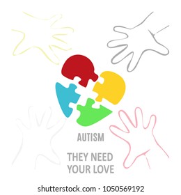 They need your love. Autism awareness poster or brochure template. Jigsaw puzzle pieces in form of heart with child's hand print, isolated on white background. Vector illustration.