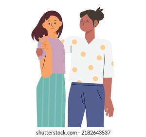 They are smiling while standing in a friendly V-pose with two friends. flat design style vector illustration.