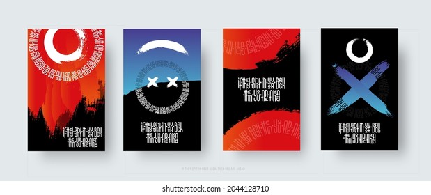 If they spit in your back, then you are ahead - Vector calligraphic lettering in Gothic style on black background. Design with blue, purple blots, brush strokes, circular white phrases. Stylish set