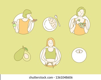 They are trying to control their weight with healthy food. Hand drawn style vector design illustrations.