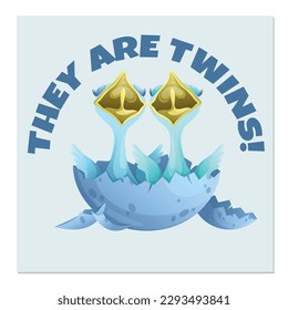 They are twins! vector illustration with chickens hatched from an egg to announce the gender of the expected (born) baby (twin boys)