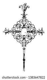 They are usually found in Catholic German and French cemeteries. They are painted decorative symbols added to the rectangular shaped plate attached to the front, vintage line drawing or engraving