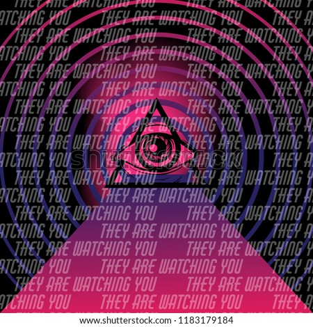 They are watching you. Vector poster with hand drawn illustration of all seeing eye made in vaporwave style. Template for card, banner, print for t-shirt, pin, badge, patch.