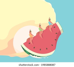 They are wearing swimsuits and riding watermelons