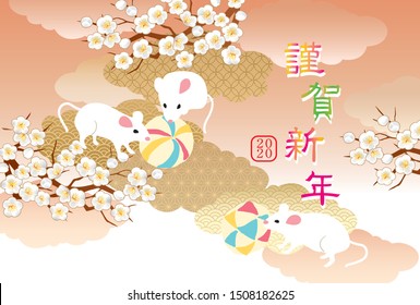They're plum, a ball and a New Year's card in 2020 in a mouse year of a mouse/it's Japanese, and written as Happy New Year.