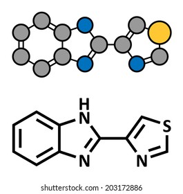 thiabendazole (tiabendazole) fungicidal and anti-parasite molecule. Used as food preservative and antihelmintic drug. Stylized 2D rendering and conventional skeletal formula.