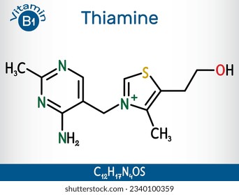 Thiamine, vitamin B1 molecule. Found in food, used as a dietary supplement and medication.  Structural chemical formula. Vector illustration