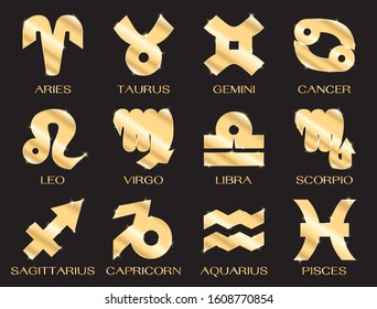 Thick 12 zodiac sign icon set, smooth gold Sparkling. 
Astrology and horoscope symbols. Vector illustration.