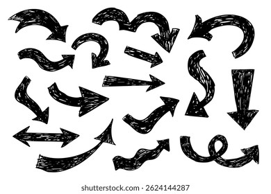 Thick arrow crayon or chalk drawing sketch grunge textured set. Different directions simple curve shape. Pencil, marker, pastel scribble