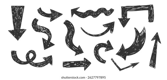 Seta grossa crayon ou giz desenho esboço grunge conjunto texturizado. Diferentes direções forma de curva simples. Lápis, marcador, rabisco pastel