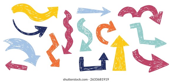 Thick arrow crayon or chalk drawing sketch grunge textured set. Different directions simple curve shape. Pencil, marker, pastel scribble