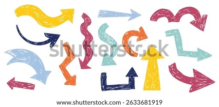 Thick arrow crayon or chalk drawing sketch grunge textured set. Different directions simple curve shape. Pencil, marker, pastel scribble