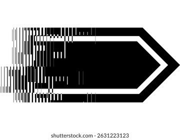 Thick arrow pointer black on white background with abstract pixel transition. Direction. Vector design element in digital style. For games and navigation