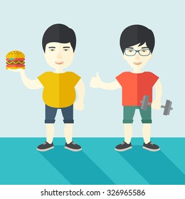 Un hombre de asia gruesa parado con hamburguesa mientras un hombre de asia delgado parado con una ilustración de diseño plana de vector de campanas sucias. Concepto de estilo de vida. Diseño cuadrado.