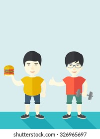 Thick asian man standing with hamburger while slim asian man standing with dumbbell vector flat design illustration. Lifestyle concept. Vertical layout with a text space.