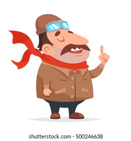 Thick Aviator Pilot Mascot Character Icon Retro Cartoon Vector Illustration