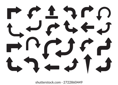 Coleção de setas pretas espessas com várias curvas direcionais e curvas para designs de instruções de sinalização e caminho.