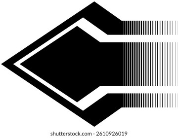 Thick black arrow on a white background. Dynamic pattern of thick lines. Sports design element. Direction indicator. Vector background with place for text