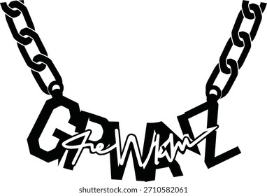 Uma cadeia preta grossa está conectada a letras estilizadas e negras com a grafia "GRWALZ" em um fundo branco.