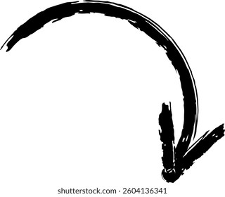 Thick black curved arrow pointing down, drawn with a brush, isolated on a white background, ideal for graphic design, presentations, and educational materials