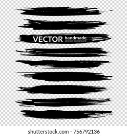 Thick black paint  textured strokes set  isolated on imitation transparent background