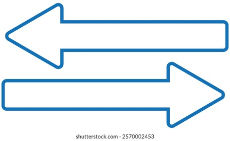 Thick Blue arrow double pointing. Long, straight-line arrow icon. Graphic illustration for direction symbols, up and down sign. Double arrow icon. Vector illustration of blue dual arrow . Stock image.