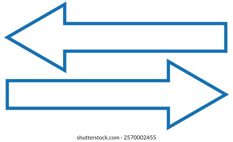 Thick Blue arrow double pointing. Long, straight-line arrow icon. Graphic illustration for direction symbols, up and down sign. Double arrow icon. Vector illustration of blue dual arrow . Stock image.